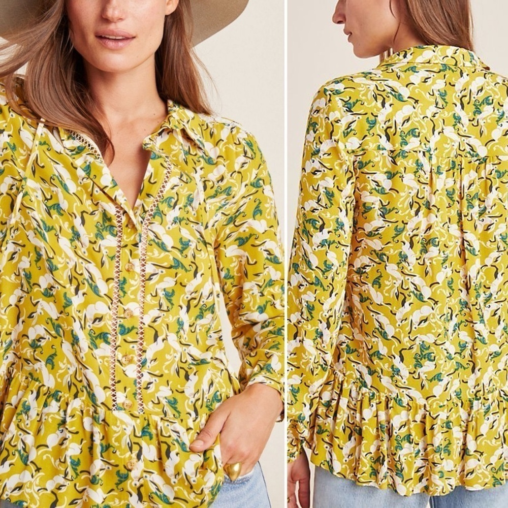 Anthropologie Maeve Janie Rabbit Print Tasseled Flounced Peasant Blouse Top